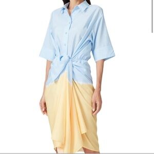Tome Blue Yellow Dip Dye Cotton Poplin Tie Front Sleeveless Midi Shirt Dress